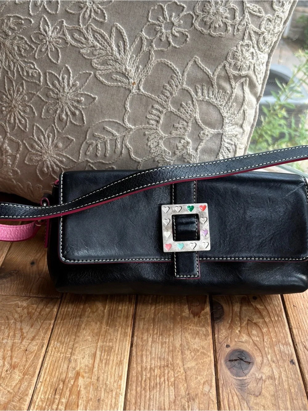 Dooney & Bourke Black Leather Shoulderbag with Silver Heart Enamel Buckle